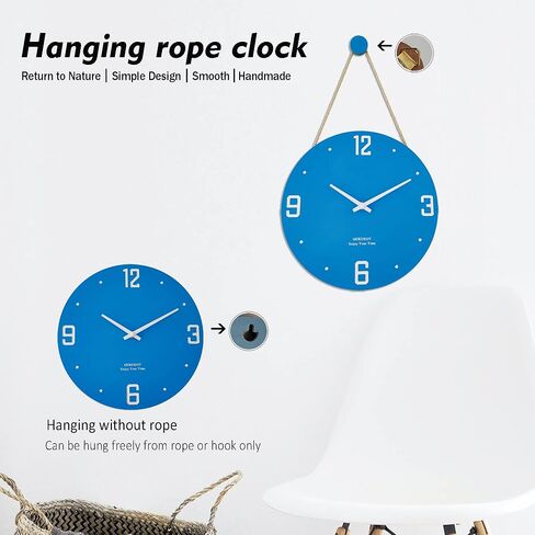 Qukueoy 12 Inch Wood Engraved Modern Wall Clocks Rope Hanging, Decorative Silent Clock for Home Living Room Bedroom Kitchen,Natural Wood Texture,Minimalist in Saudi Arabia