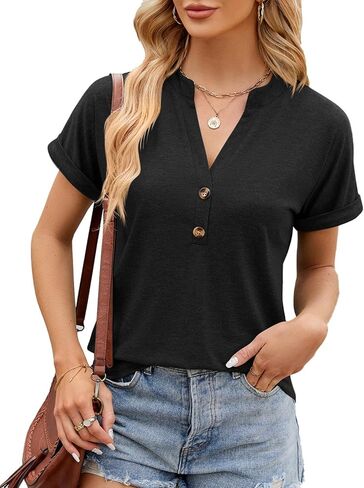 بلايز نسائية كاجوال صيفية بياقة على شكل V وأكمام قصيرة، بلوفر أساسي بأزرار سفلية، توب تونيك in Kuwait