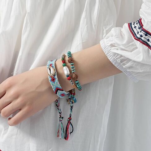 أساور بوهيمية مصنوعة يدويًا للنساء والرجال، جديلة قابلة للتكديس مع صدفة in Kuwait