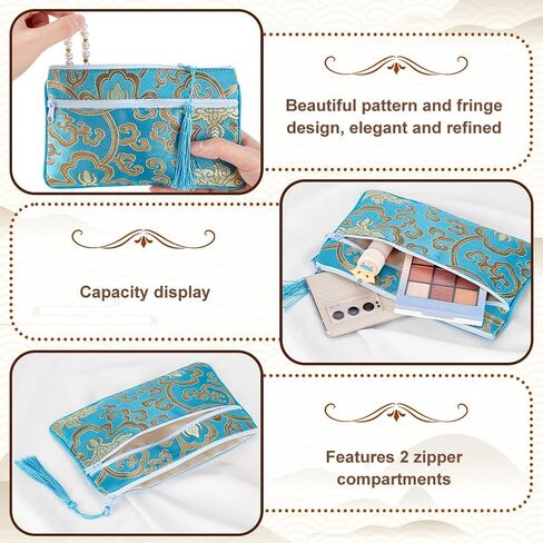 AHANDMAKER 4 قطع حقائب مجوهرات بسحاب مع شرابة بلونين حقائب مستحضرات التجميل مطرزة من الحرير ومحافظ العملات المعدنية وحقائب هدايا للنساء والفتيات والقلائد والأقراط in Saudi Arabia