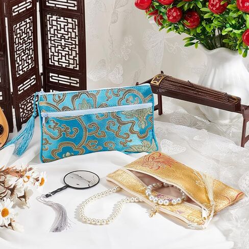 AHANDMAKER 4 قطع حقائب مجوهرات بسحاب مع شرابة بلونين حقائب مستحضرات التجميل مطرزة من الحرير ومحافظ العملات المعدنية وحقائب هدايا للنساء والفتيات والقلائد والأقراط in Saudi Arabia