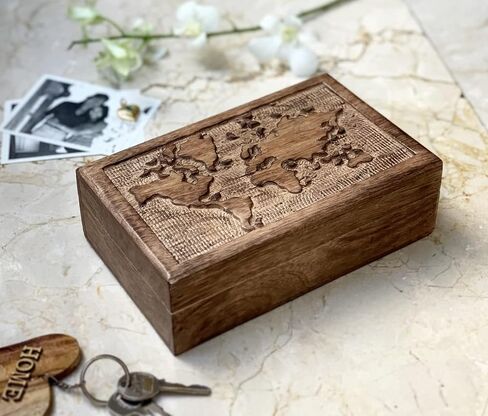 Great Birthday Gift Ideas Handmade Decorative World Map Wooden Jewelry Box Treasure Box Jewelry Organizer Keepsake Box Treasure Chest Trinket Holder Lock Box Watch Box (Natural Finish) in Saudi Arabia