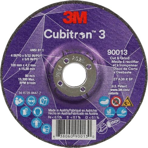 3M Cubitron 3 Cut and Grind Wheel, 90012, 36+, T27, 4 in x 5/32 in x 3/8 in, Pack of 10, ANSI, Longer Life, Faster Cut, Back-Gouging, Fillet Weld Removal, Cutting, Grinding in Saudi Arabia