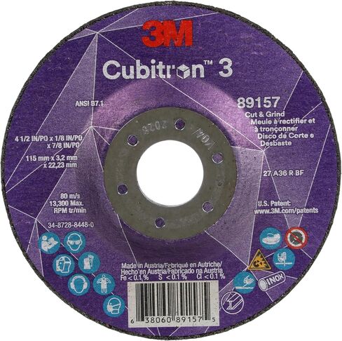3M Cubitron 3 Cut and Grind Wheel, 90012, 36+, T27, 4 in x 5/32 in x 3/8 in, Pack of 10, ANSI, Longer Life, Faster Cut, Back-Gouging, Fillet Weld Removal, Cutting, Grinding in Saudi Arabia