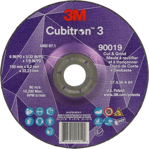 3M Cubitron 3 Cut and Grind Wheel, 90012, 36+, T27, 4 in x 5/32 in x 3/8 in, Pack of 10, ANSI, Longer Life, Faster Cut, Back-Gouging, Fillet Weld Removal, Cutting, Grinding in Saudi Arabia