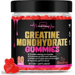 Creatine Monohydrate Gummies for muscle recovery, muscle gain and strength, energy focus and brain health, gluten free, non GMO, vegan supplement for men and women, 30 servings 90 ct