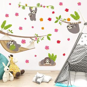 Removable Tropical Sloth Wall Decals Sloths Playing in Trees Wall Sticker Sloth Wall Decor Stickers for Kids Bedroom Playroom Nursery
