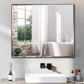36x36 Inch Black Mirror with Beveled Trim, Aluminum Frame Bathroom Vanity Mirror, Copper-Free Mirror, Rectangle Wall Mounted Mirror, Modern Rectangular Mirror Horizontal or Vertical