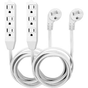 White Flat plug Extension Cord, short power cord with 3 Prong standard ground sockets, basic indoor 3-pin ground cable, UL Listed（ 8FT, 2PK）
