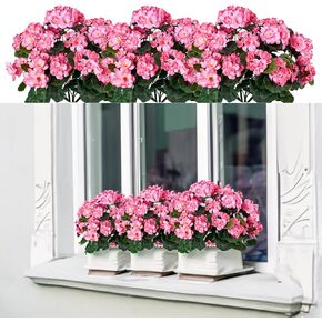 4 Packs Artificial Flowers for Outdoor 14'' Red Geranium Silk Flowers UV Resistant Garden Plants Bush Faux Flowers for Home Wedding Kitchen Table Centerpieces Grave Cemetary Vase Decor