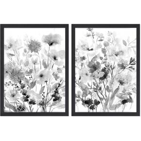JOWOROLO Framed Vintage Botanical Prints, Black and White floral Canvas Wall Art, Farmhouse Decor Pictures for Living Room, Aesthetic Poster for Bedroom, Set of 2 Rustic Artwork, Boho Decor 12"x16"