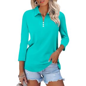 Women's 3/4 Sleeve Tops V Neck Button Polo Shirts Casual Basic Tees Blouse