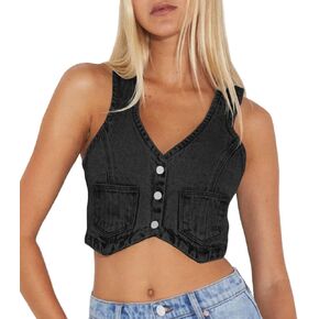PLNOTME Womens Denim Vest Button Down Cropped Jean Top Sleeveless V Neck Vintage Tank with Pockets