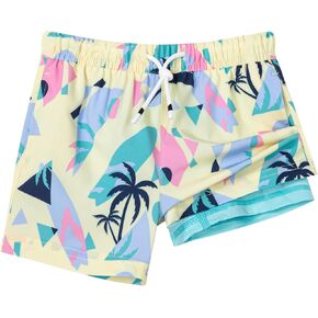 SURF CUZ Boys Swim Trunks with Boxer Brief Liner Toddler Boy Stretch Swimsuit Shorts Quick Dry Swimming Trunks Bathing Suit 2 in 1 Beach Shorts Geometric Palm Tree Yellow1 7