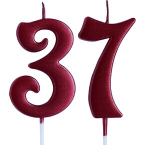 Red 37th Birthday Candle, Number 37 Years Old Candles Cake Topper, Woman Or Man Party Decorations, Supplies