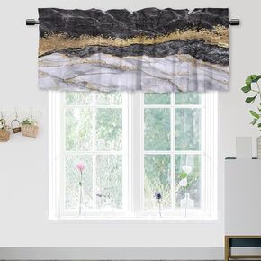 Black White Marble Print Valance Curtains for Kitchen Bathroom Bedroom Cafe Living Room,Gold Abstract Art Rod Pocket Decor Short Window Curtain 1 Panel, 54x18 Inch