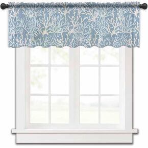 Summer Ocean Coral Valance Curtains for Kitchen/Living Room/Bathroom/Bedroom Window,Rod Pocket Small Topper Half Short Window Curtains Voile Sheer Scarf, Nautical Coastal Sea Ombre Solid Blue 42"x12"