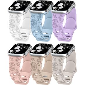 Minyee Floral Engraved Band Compatible with Apple Watch Bands 41mm 40mm 38mm 44mm 45mm 42mm 49mm Women, Cute Soft Silicone Flower Sport Fancy Summer Strap for iWatch Ultra 2, Series 9/8/7/6/5/4/3/2/1/SE
