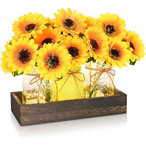 BLEUM CADE Centerpieces Table Decorations - 3Pcs Roses Artificial Flowers in Mason Jars with Wood Tray, Dining Table Centerpiece Decor, Coffee Table Farmhouse Living Room Home Decorations