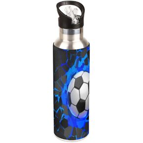 Insulated Stainless Steel Water Bottle with Straw 20oz Blue Black 3d Sport Soccer Football Sports Water Bottles BPA Free Leakproof Metal Vacuum Flask Jug for Kids Gym Fitness
