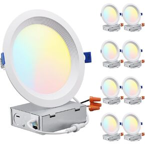 TORCHSTAR 8-Pack 5CCT 6 Inch Slim LED Recessed Lighting with Junction Box, Anti-Glare Baffle Trim, CRI90 Dimmable Aluminum Ceiling Downlight, Air Tight & IC Rated, 2700K3000K3500K4000K5000K Selectable