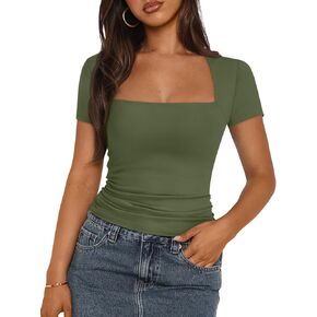 Trendy Queen Women's Square Neck Tops Short Sleeve Shirts Going Out Tops 2024