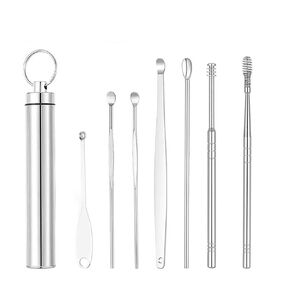 Earpick Kit, Silver Reusable Ear Care Cleaning Tools Ear Wax Removal Ear Digging Spoon Portable Ear Spoon Kit with Stainless Steel with Storage Case and Keychain for Family Women Man