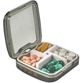 Compact Pill Box Organizer - Portable Waterproof Medicine Organizer and Daily Pill Container with Removable 4 Compartment Divider - Durable ABS Silicone Pills Case Fits Pocket and Purse, Black