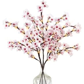 3PCS Lighted Cherry Blossom Branches, 30in Artificial Cherry Blossom Flowers with 60 LED Lights Timer Battery Operated Lighted Twig Branches for Vases Wedding Party Home Indoor Decor