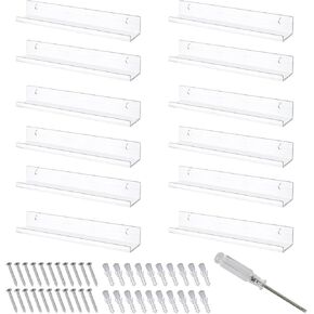 12 Pack Acrylic Floating Shelves 15Inch Clear Acrylic Shelves Acrylic Bookshelf Spacious Clear Shelves with Mounting Kit for Bookshelf Bedroom Living Room Bathroom Kitchen