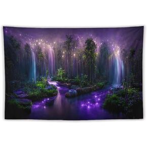 HZOHNAGO Forest Tapestry Fantasy Night Purple Flower Waterfall Printed Wall Tapestry Wall Hanging for Bedroom Living Room Dorm 60" W x 50" H