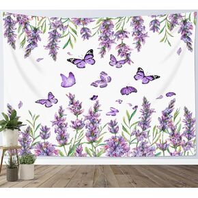 MEUNEAR Purple Floral Tapestry Rustic Lavender and Butterfly Tapestry Wall Hanging Purple Flower and Green Leaf Plant Wall Tapestry for Bedroom Living Room Dorm Wall Decor, 40L X 60W inches