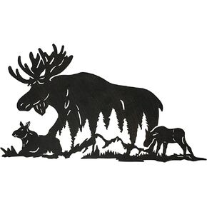 Laser-Cut Black Metal Majestic Moose Family Silhouette Wall Hanging Art - Rustic Cabin or Lodge Style Decor - Wildlife-Inspired Home Accent - 24 Inches Long