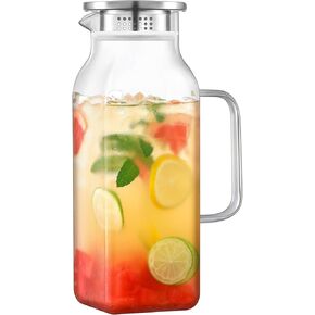 إبريق زجاجي مربع بسعة 2 لتر (68 أونصة) مع غطاء وصنبور، وأباريق مياه بمقبض للثلاجة، وإبريق زجاجي للمشروبات الساخنة/الباردة، وإبريق كبير للشاي المثلج والقهوة والعصير والحليب والمشروبات محلية الصنع in Kuwait