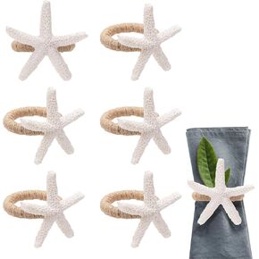 6pcs Starfish Napkin Rings, White Sea Star Nautical Napkin Ring Holders Rustic Serviette Buckles for Crafts Dinning Dinner Table Summer Party Banquet Wedding Coastal Beach Holiday Cloth Decoration