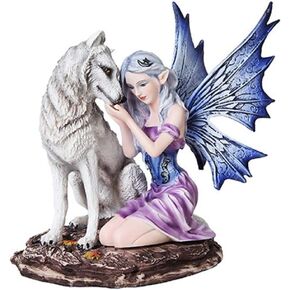 PTC 6.75 Inch Blue Winged Fairy with White Wolf Resin Statue Figurine