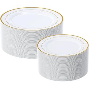 FOCUSLINE Gold Plastic Plates Set of 60, Disposable Plates with Gold Rim 30 Dinner Plates 10" and 30 Salad Dessert Appetizer Plates 7", Elegant Fancy Heavy Duty Wedding Party Plates