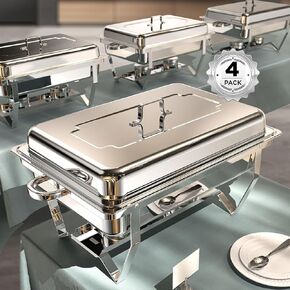 Chafing Dishes for Buffet 4 Pack, 9QT [No Fingers Cut] Roll Edge Designed Chafing Dish Buffet Set [Mirror-Like Polished Finish] Food Warmers for Parties, Birthday, Holiday Parties, Church Events, etc