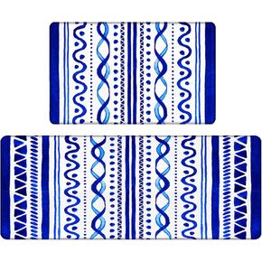 Blue Anti Fatigue Kitchen Floor Mats Set of 2 Waterproof Kitchen Sink Runner Rug Standing Mat Cushioned Kitchen Rugs Comfort Doormat 17"x47"+17"x30"