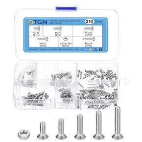 210Pcs M2 x 6mm /8mm /10mm /12mm /16mm Flat Head Hex Socket Cap Screws Bolts Nuts Kit, 304 Stainless Steel, Full Thread, Countersunk Bolts