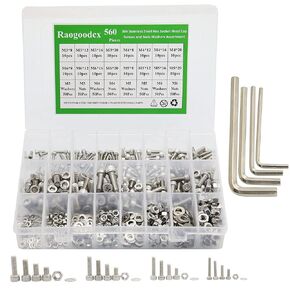 560 Pieces M3 M4 M5 M6 304 Stainless Steel Hex Socket Head Cap Bolts Screws Nuts Washers Assortment Kit with Hex Wrenches