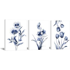 iKNOW FOTO Blue Flower Canvas Wall Art 3 Piece Botanical Prints for Living Room, Bedroom, Bathroom Decor Floral Pictures for Home Decoration12x16 Inches Each