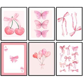 WYHLMTQ 6pcs Pink Bow Canvas Wall Art Trendy Cute Girly Watercolor Bows Prints Painting Room Aesthetic Wall Decor Preppy Posters Coquette Room Decor for Living Room Girls apartment 8x10in Unframed