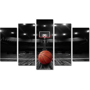 Derkymo 5 Pieces Basketball Court Pictures for Bedroom Black and White Canvas Wall Art Sports Painting Prints Artwork for Living Room Boys Room Stretched and Framed Ready to Hang 24"x40"(5 Pieces)