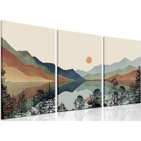 AKWISH Framed Mountain Canvas Wall Art Set of 3, Boho Watercolor Poster Prints Painting, Sun Forest Abstract Nature Landscape Artwork Wall Decor for Living Room, Bedroom, Office 16x24 In