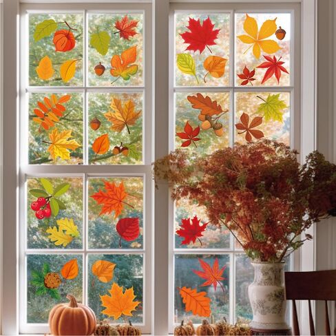 ملصقات نافذة الخريف، ملصقات نافذة الخريف، أوراق القيقب، مخاريط الصنوبر، ملصقات نافذة لتزيين نافذة الخريف، ديكور جدار النافذة الزجاجية لعيد الشكر in Kuwait