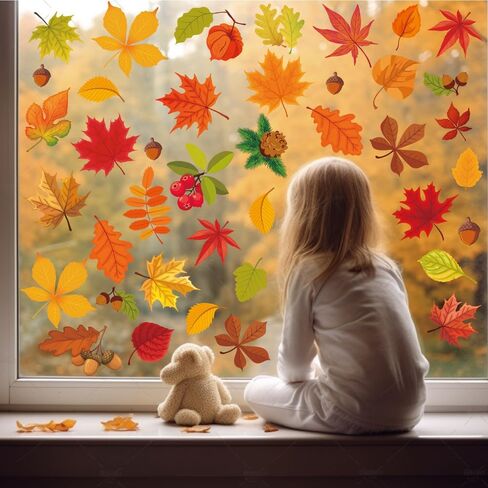 ملصقات نافذة الخريف، ملصقات نافذة الخريف، أوراق القيقب، مخاريط الصنوبر، ملصقات نافذة لتزيين نافذة الخريف، ديكور جدار النافذة الزجاجية لعيد الشكر in Kuwait