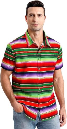 قميص رجالي مكسيكي بأزرار سفلية من Fiesta Serape Poncho زي قصير الأكمام للحفلات in Saudi Arabia