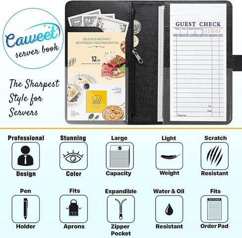 Server Book for Waitress-Leather Waitress Book Organizer with Zipper Pocket Cute Waiter Book Server Wallet with Magnetic Closure, Glitter Black in Kuwait