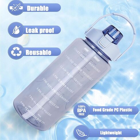 Motivational Water Bottles for Sport/Fitness/Camping,Water Bottles with Straw & Time Marker & Handle & 2 Pcs Brushes,BPA Free/Leakproof in Kuwait